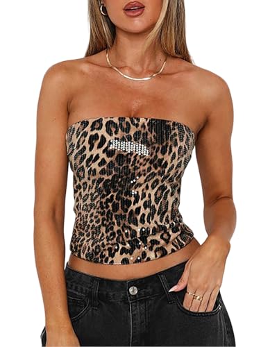 Women's Sequin Leopard Tube Top Stretch Sleeveless Y2k Crop Tops with Zip Sexy Bodycon Vest for Night Out Club