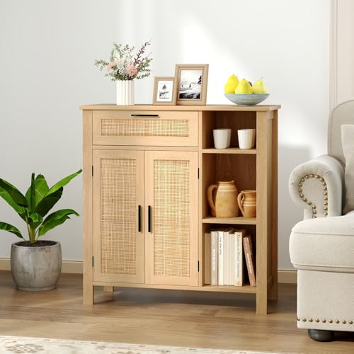 COSTWAY Sideboard Rattan Holz, Buffetschrank mit 2 Rattantüren, 1...