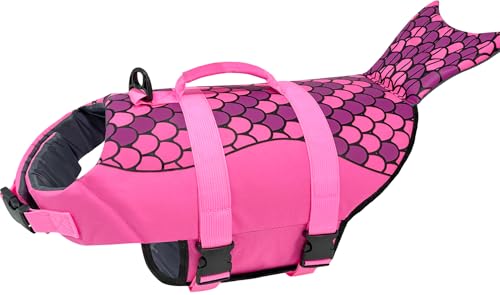 Baipesiy Mermaid Dog Life Jacket, Pink Ripstop Dog Life Vest for Swimming & Boating, High Buoyancy Adjustable Pet Vest with Durable Rescue Handle & D-Ring, for Small/Medium/Large Dogs (Mermaid, L)