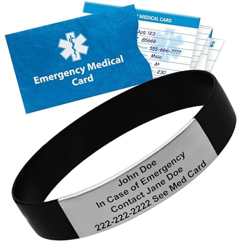 Performance IDs Customizable Medical Alert Bracelet with Emergency Medical Card – Silicone ID Wristband for Women & Men, Engraved Health Info, Durable & Waterproof Cover