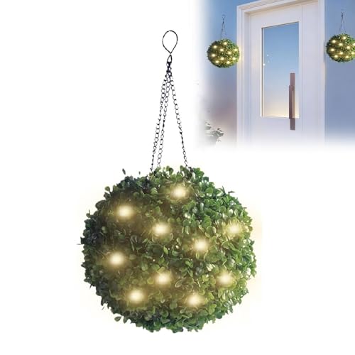Solar Topiary Balls with LED Lights Hanging Topiary Ball Lights Decorative UV Resistant Faux Greenery with Warm White LEDs Auto On/Off Outdoor Decor for Garden Patio Pathway Wedding (18cm)