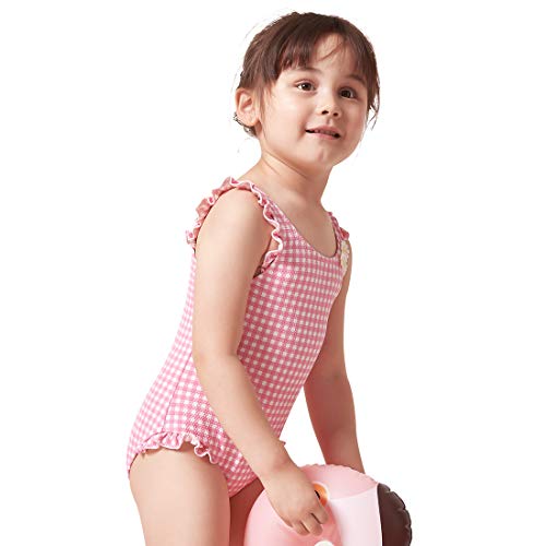 Julysand Toddler Girls One Piece Skirt Swimsuit Pink and White Striped 3D Flower Ruffled Swimwear Dress2