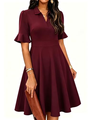 Image of Mokayee Womens Summer Ruffle Sleeve Collared V Neck Fit and Flare Elegant A line Swing Dresses with Pockets