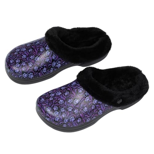 GreaterGood Paw Print Slide Slippers for Women Indoor Outdoor Clogs with Removable Fleece Lining Non Slip Comfortable Shoes
