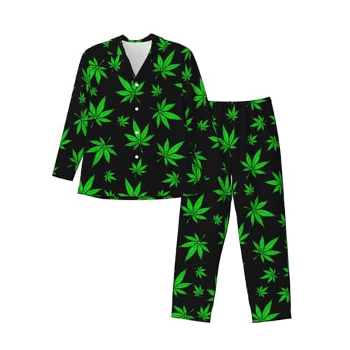 Cannabis Leaf Male Pajamas Long Sleeve Pajama Set Button Down PJ Pants Sets Nightwear Soft Comfy Casual Homewear