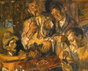 Peinture à l'huile Card Players 1945 Janos Pirk 12x16 pouces