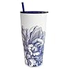 Peony Stainless Steel Insulated Tumbler Floral Cup Lid Straw Set for Travel Commuting School Perfect for Birthday Christmas Holiday Gifts Blue on White Color 30 oz
