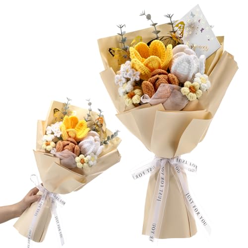 Fanfanwin Crochet Flowers Housekeeping Week Gifts Crochet Tulips Bouquet Handmade Knitted Flowers with Butterfly Gift Card Dsp Appreciation Gifts for Teacher Nurse Medical Assistant(Yellow)