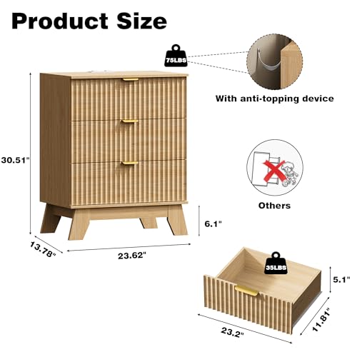 Image of Xixini Fluted Nightstand with Charging Station, Tall Bedside Table, Oak