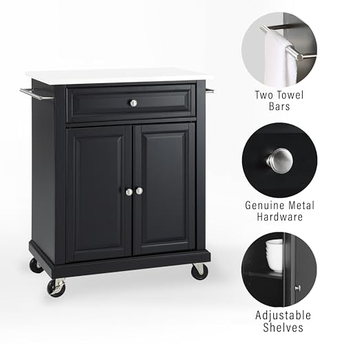 Crosley-Furniture-Compact-Stone-Top-Small-Rolling-Cart-with-Shelves-Microwave-Stand-with-Towel-Rack-Black Crosley Furniture Compact Stone Top Small Rolling Cart with Shelves Microwave Stand with Towel Rack Black