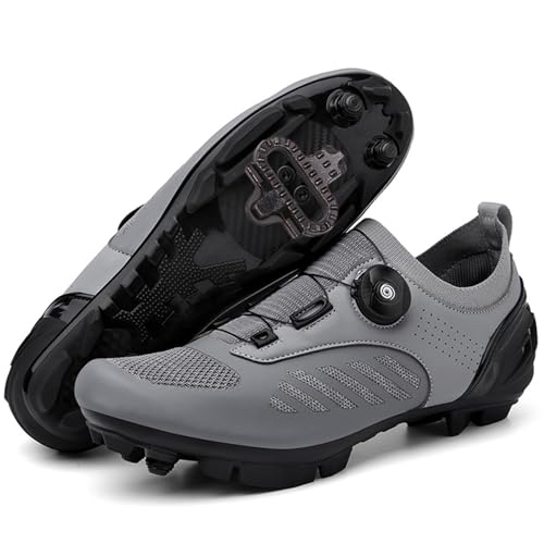 PENXZT Zapatilla de Ciclismo MTB Hombre Mujer, Compatible con SPD Pedales 2 Tornillos con Calas Zapatos Bicicleta de Montaña Unisex Adulto Respirables,Gris,45 EU