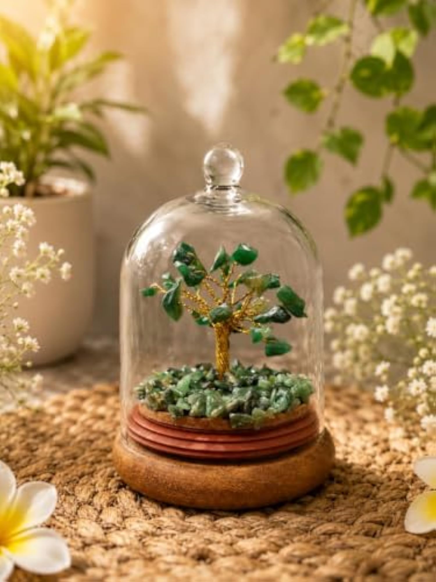 Decorative Glass Dome with Green Aventurine Gemstone Tree