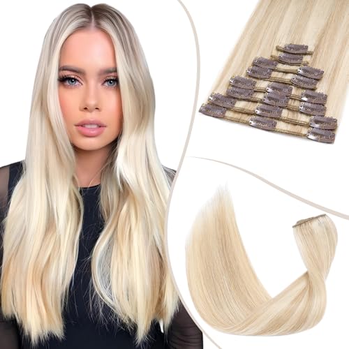 TESS Clip in Hair Extensions Real Human Hair Highlighted Remy Seamless 8 Pieces Straight Short for Women/Girls (#18P613 Ash Blonde & Bleach Blonde 10 Inch 50g)