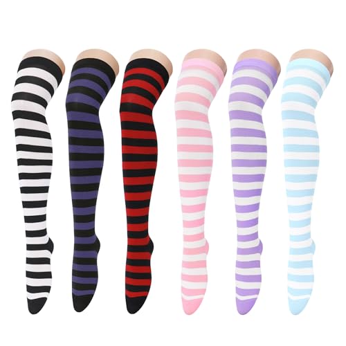 Zando 6 Pairs Striped Thigh High Socks for Women Cotton Over the Knee Socks Striped Thigh High Stockings for Women for Cosplay Halloween Daily Sports G Colored Stripes*6