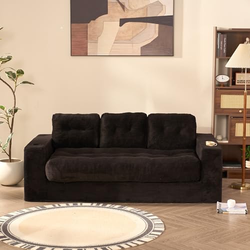 Litbird Sofá de 3 plazas de 190 cm para salón, sofá de Suelo de Pana sin Boneless con Cojines, reposabrazos y Soporte Doble para Bebidas, con Respaldo, no Requiere Montaje (Negro)
