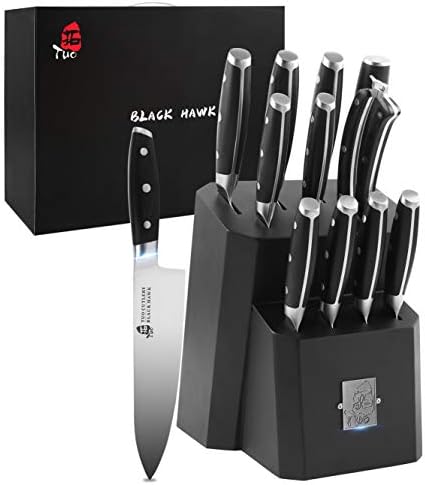 TUO Kitchen Knife Set - 12 Pcs Knife Set with Wooden Block - Premium Forged German Stainless Steel, Ergonomic Pakkawood Handle - BLACK HAWK SERIES with Gift Box