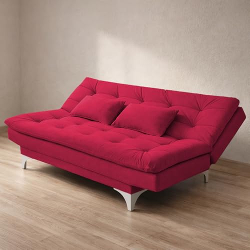 Image of Krancy Solid Wood 3 Seater Sofa Cum Bed with Ottomon | Convertible Wooden Couch for Living Room, Home & Office | Modern Designer Furniture | 1 Year Warranty | Red Color