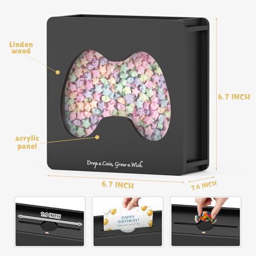 Image of Summidate Wooden Money Saving Box, Clear Window Cash Vault Savings Box with DIY Stickers, Personalized Handle Piggy Bank for Kids & Adults, Birthday /Baby Shower /Wedding Gift