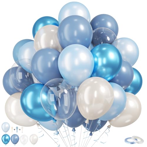Image of Blue Balloons, 60Pcs Pearl White and Blue Balloon, 12 Inch Latex Double Stuff Pearl Blue Balloons for Boy Baby Shower Birthday Party Gender Reveal Wedding Anniversary Graduation Party Decorations