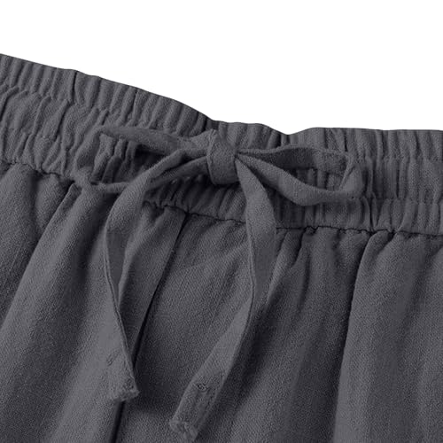 Cotton Linen Capri Pants for Women Comfy Drawstring Elastic Waist Summer Wide-Leg Straight Loose Casual Cropped Trousers3