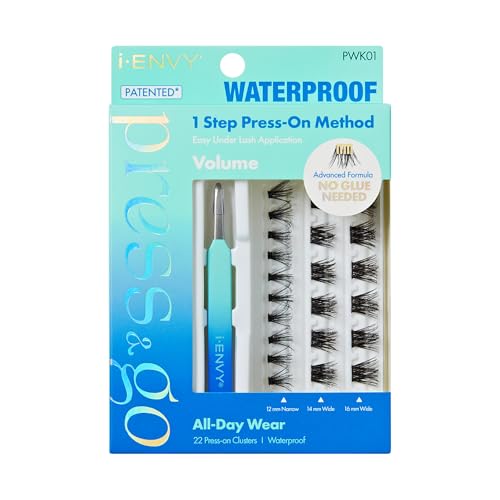 i-ENVY Press&Go Waterproof Self-Adhesive Eyelashes, No Glue Needed 22 False Lash Clusters, Reusable 1 Step Press-On Lashes, No Damage or Residue (Waterproof Volume With Applicator Kit)