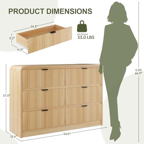 FURSUN Fluted 6 Drawers Dresser for Bedroom, 54" Wide Wooden Dresser with Metal Handle, Curved Profile Design, Modern Storage Organizer for Living Room, Hallway (Natural Oak)