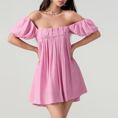 Image of Women Y2k Puff Sleeve Babydoll Dresses Square Neck Tie Back Mini Dress Summer Solid Off Shoulder Flowy Sundress