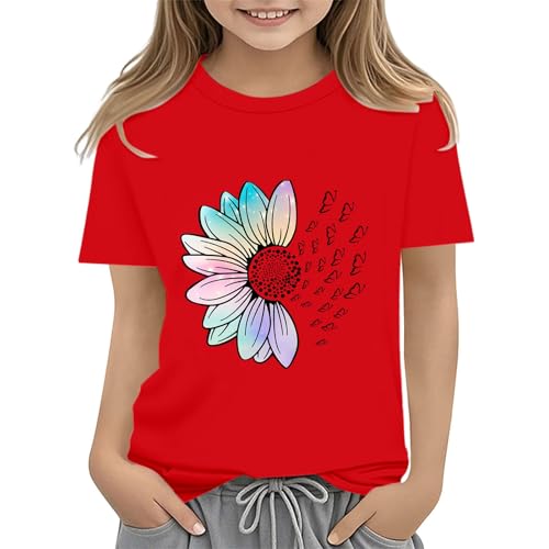 Girls Loose Fit Sunflower Graphic T Shirts Short Sleeve Crewneck Cute Pattern Printed Tops Kids (A-Red, 8-9 Years)
