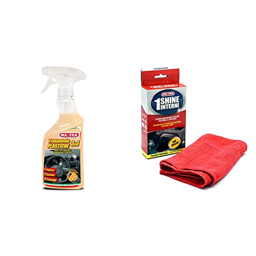 MA-FRA, 3-in-1 Plastic Treatment Set - Glass - Fabrics with Tris Air Freshener and Car Cloth Maxi Size 39 x 49 cm