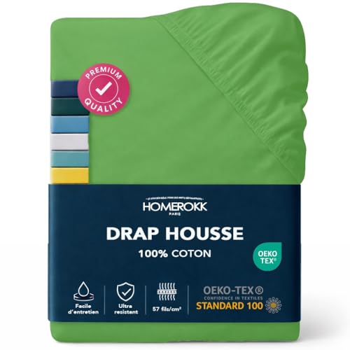 HOMEROKK Drap Housse 140 x 190 x 27+ cm – 100% Coton 57 Fils/cm² – Bonnet Profond pour Matelas Épais – Anis