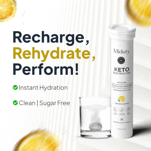 Image of Miduty Electrolyte Tablets - Sugar-Free - No Maltodextrin & Artificial Colors - Natural Lemon Flavor - Stevia - Instant Hydration & Energy - 20 Effervescent Tablets