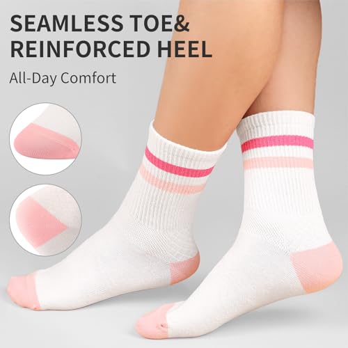 FGZ Womens Crew Socks Solid Color Two Stripe Casusl Socks for Women and Girls,5 Pairs4