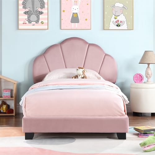 Twin Size Upholstered Platform Beds,Velvet Wooden BedFrame,Cute Bed Frame with Shell Design Headboard for Girls Boys Teens, No Box Spring Needed,Easy Assembly,Pink (Pink)