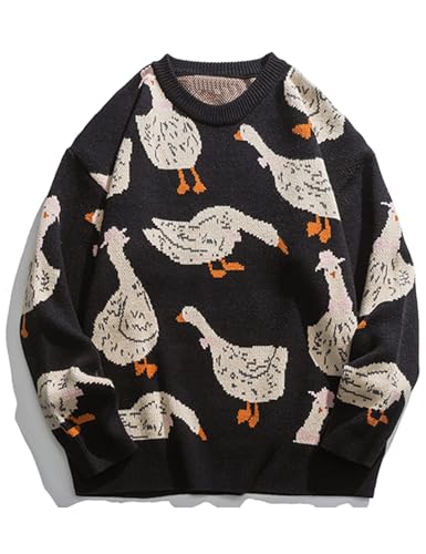 Arssm Mens Oversized Dinosaur Knit Pullover Sweater Fashion Cartoon Unisex Sweater Long Sleeve Crewneck Vintage Tops(Black-S)