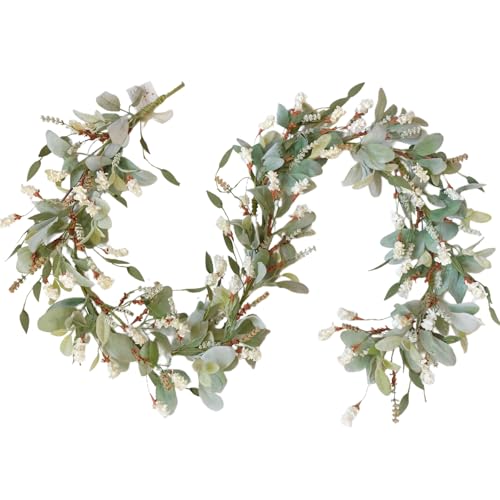 Egolot 70 Inch Lamb Ears Greenery Garland with Ivory Forsythia Flowers Year Round Farmhouse Floral Garland for Mantel Stair Fireplace All Seasons Indoor Outdoor Everyday Decor