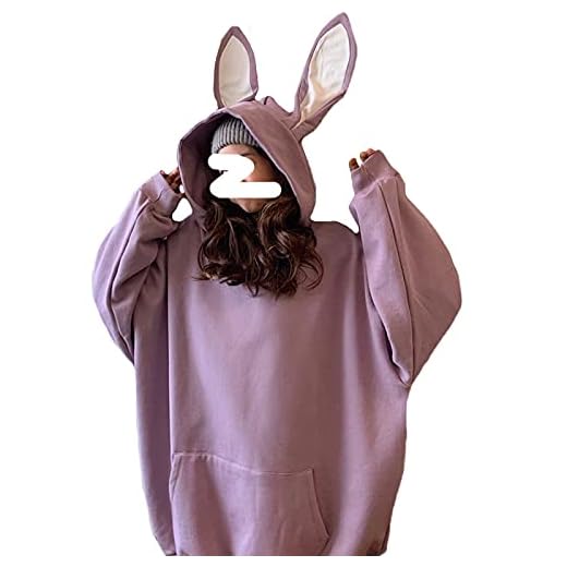 Dam huvtröja kaninöron långärmad enfärgad ledig pullover ficktröja, Lila kanin, XXL