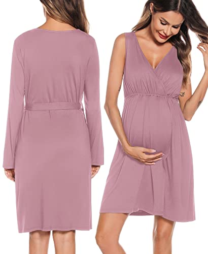Image of SWOMOG Women Maternity Nursing Gown and Robe Set 3 in 1 Labor Delivery Nursing Nightgown for Breastfeeding Hospital Bathrobe