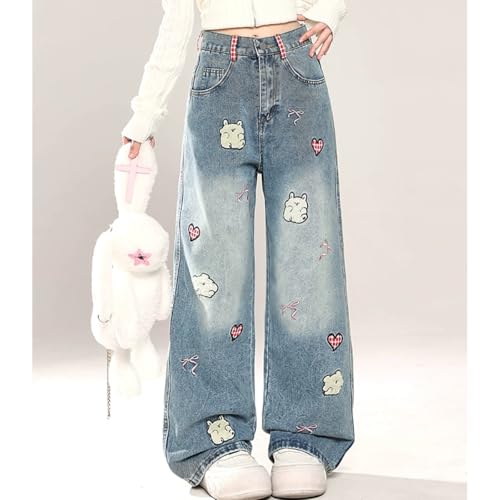 Fashion Kawaii High Waisted Straight Leg Jeans for Women Y2K Cute Printed Embroidered Patchwork Denim Pants3