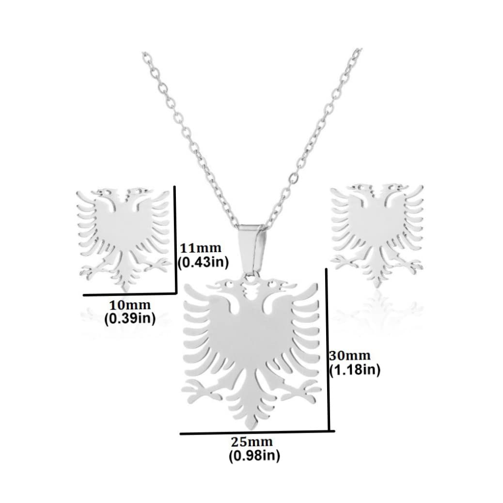 Kit collana con ciondolo orecchini in acciaio inossidabile lucido con aquila albanese, accessori di gioielli per donna uomo (1 paio di orecchini, 1 collana)