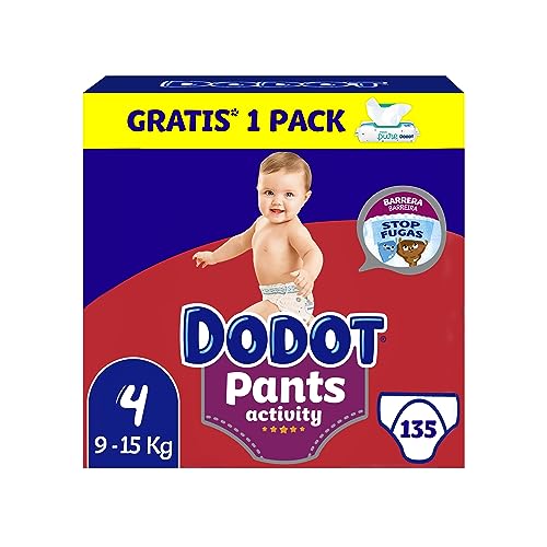 Dodot Pañales Bebé Activity Pants Talla 4 (9-15 kg), 135 Pañales + 1 Pack de 48 Toallitas Gratis Aqua Pure, Pack Mensual