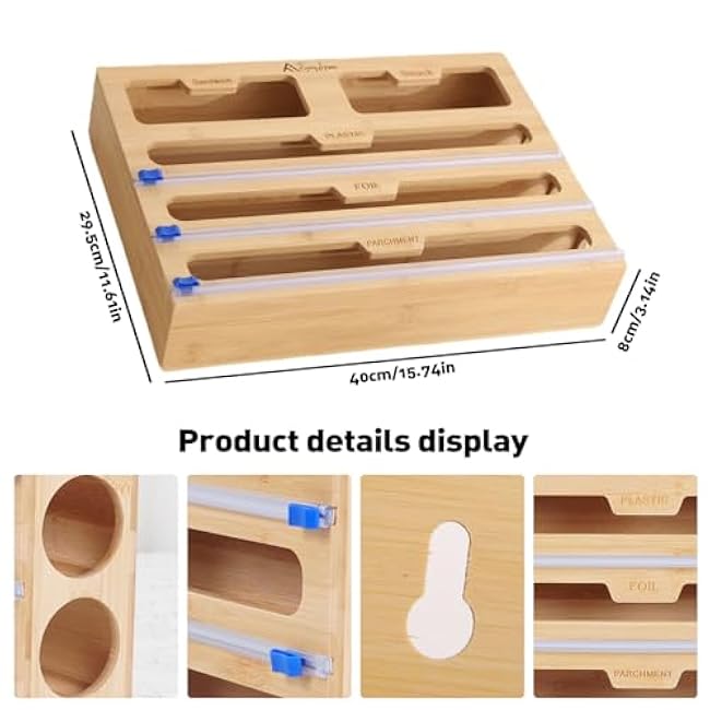 APSARAS USA 5 in 1 Bamboo Foil and Plastic Wrap Organizer for Kitchen Drawer, Ziplock Bag Organizer, Saran Wrap Dispenser with Cutter, Plastic Bag Organizer, Food Storage Bag Organization