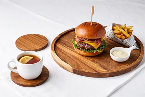 Image of Wooden Serving Platter with 2 Tea Coasters Round Tray for Snacks Tea Coffee Serving Breakfast Platter Decorative Tableware Set,Platter (11x11).