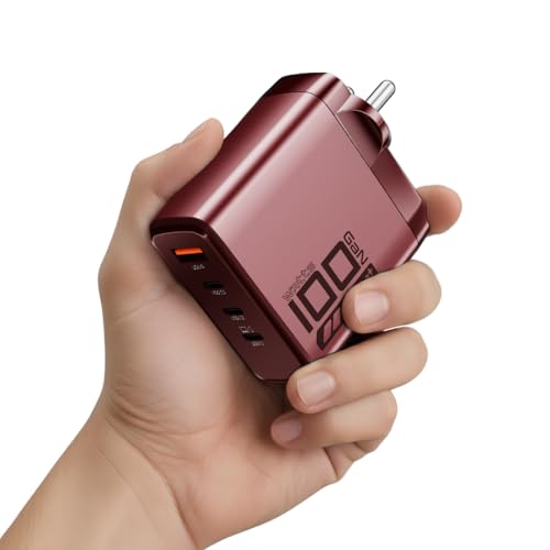 Image of Boat 100W GaN Charger: Fast Charging Adapter with 4 Ports (3 USB-C + 1 USB-A), PD Support, MacBook air M3 0-50% in 26 Mins, Compatible w /All iPhones, Android Phones, MacBooks, HP etc (Monarch Red)