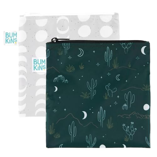 Bumkins Reusable Sandwich and Snack Bags, for Kids School Lunch and Adults Portion, Washable Fabric, Waterproof Cloth Zip Bag, Travel Pouch, Food-Safe Storage, Large 2-pk Desert Dk. Green and Gray