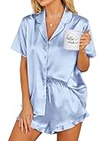 Ekouaer Womens Satin Pajamas Set Button Down 2 Piece Silk Pjs Shorts Set Ruffle Lingerie Notch Collar Sleepwear Light Blue S