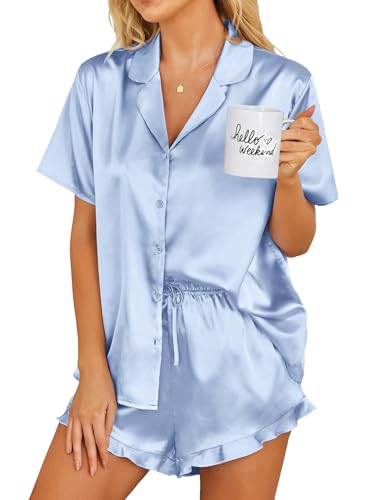 Image of Ekouaer Womens Satin Pajamas Set Button Down 2 Piece Silk Pjs Shorts Set Ruffle Lingerie Notch Collar Sleepwear