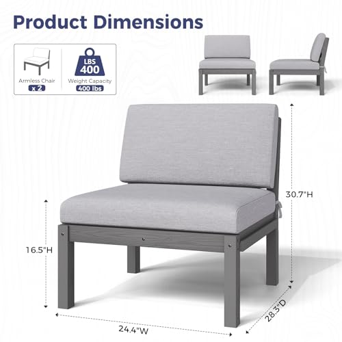 Image of Outdoor Patio Chairs Set of 2, HIPS Modular Sectional Seatings & Thick Cushions- Side Interlock Easy to Connect, Weatherproof Patio Furniture Set for Backyard, Deck, Poolside (Grey)
