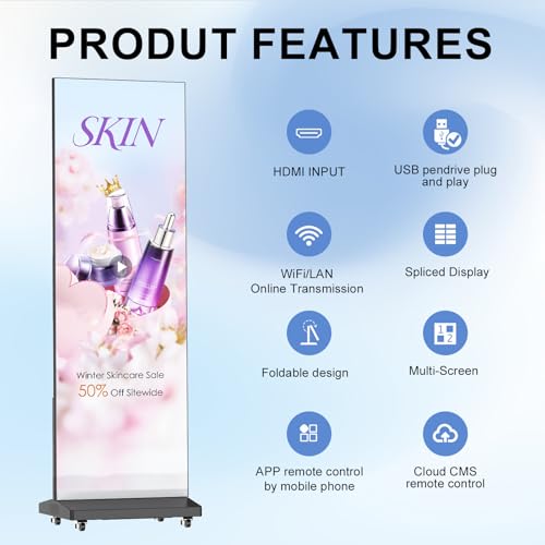 Image of 80 Inch LED Digital Signage Display with P1.86, LED Poster Screen Frameless Splicing, Advertising Display GOB LED Screen with Flight Case for Giant Commercial Events & Rentals (Black, 1 Unit)
