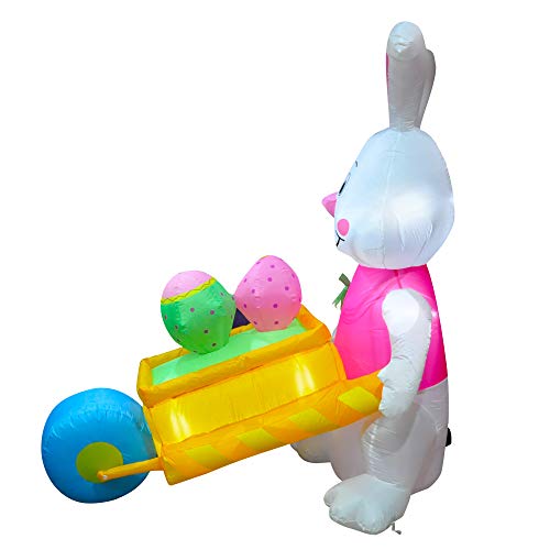 SEASONBLOW 6 FT LED Light Easter Inflatable Rabbit Pushing Wheelbarrow with Eggs Decorations for Yard Lawn Garden Home Outdoor Indoor Holiday Decor