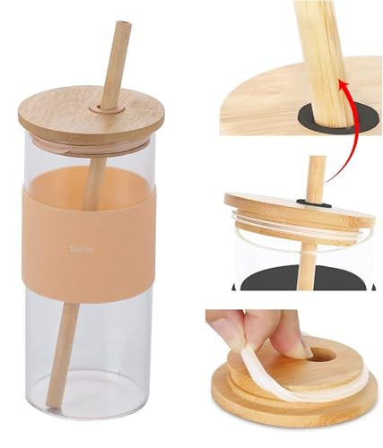 Image of Glass Coffe Mug with Lid and Straw, Reusable Sipper Bottle with Leather Sleeve Glasss Coffee Mug with Silicone Straw and Leakproof Lid Tumbler for Coffee (Glass Sipper with LID Straw 400ML)